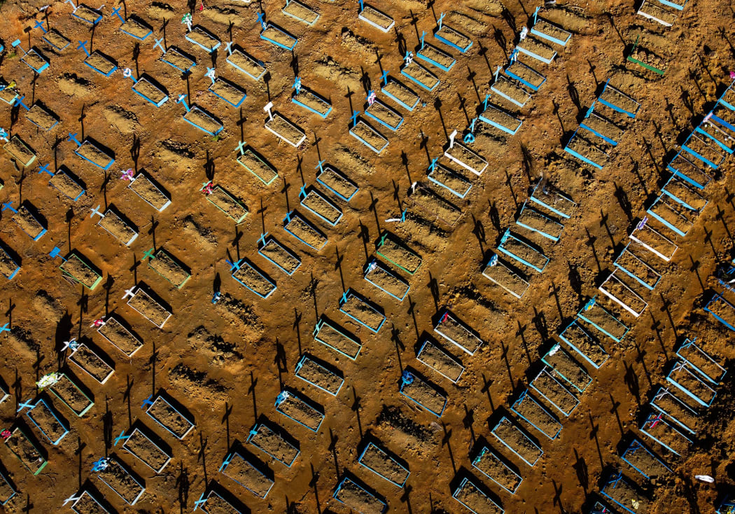 Aerial view showing graves in the Nossa Senhora Aparecida cemetery in Manaus on June 21, 2020.