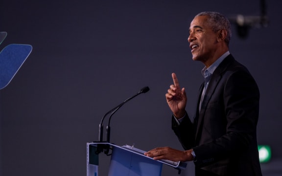Scotland, Glasgow, 2021-11-08. Barack Obama gives speech at COP26 in Glasgow. Photograph by Pierre Larrieu / Hans Lucas.