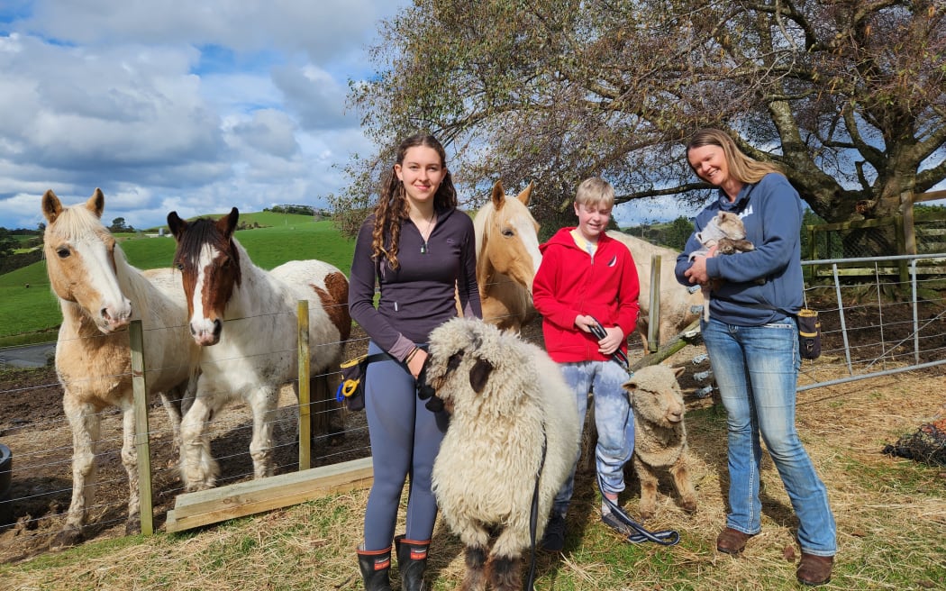 Bex with her helpers and animals including four horses and two sheep in a paddock