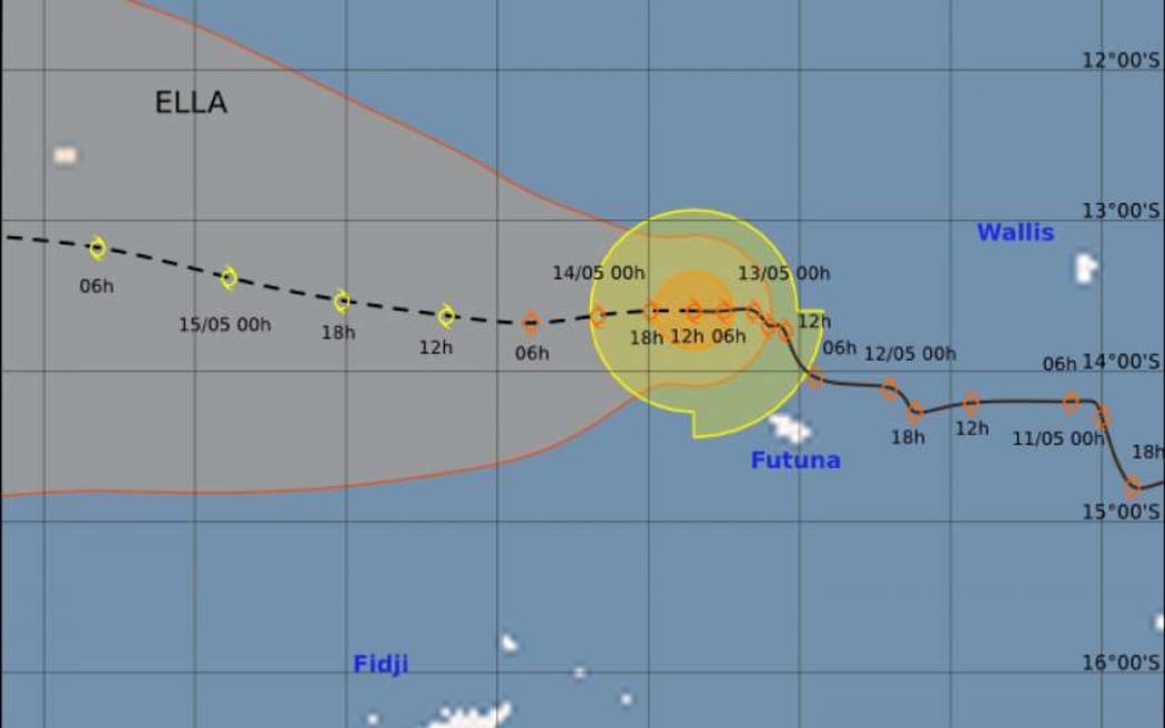 The forecast trajectory of Cyclone Ella on Saturday afternoon as it slowly leaves Futuna.