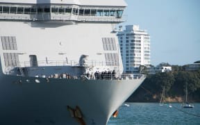 The HMNZS Canterbury pictured leaving the Devonport Naval Base in Auckland.
