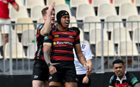 Chay Fihaki of Canterbury celebrates his try with Dallas McLeod of Canterbury during the NPC quarter Final Rugby match - Canterbury V Counties Manukau at the Apollo Projects Stadium.