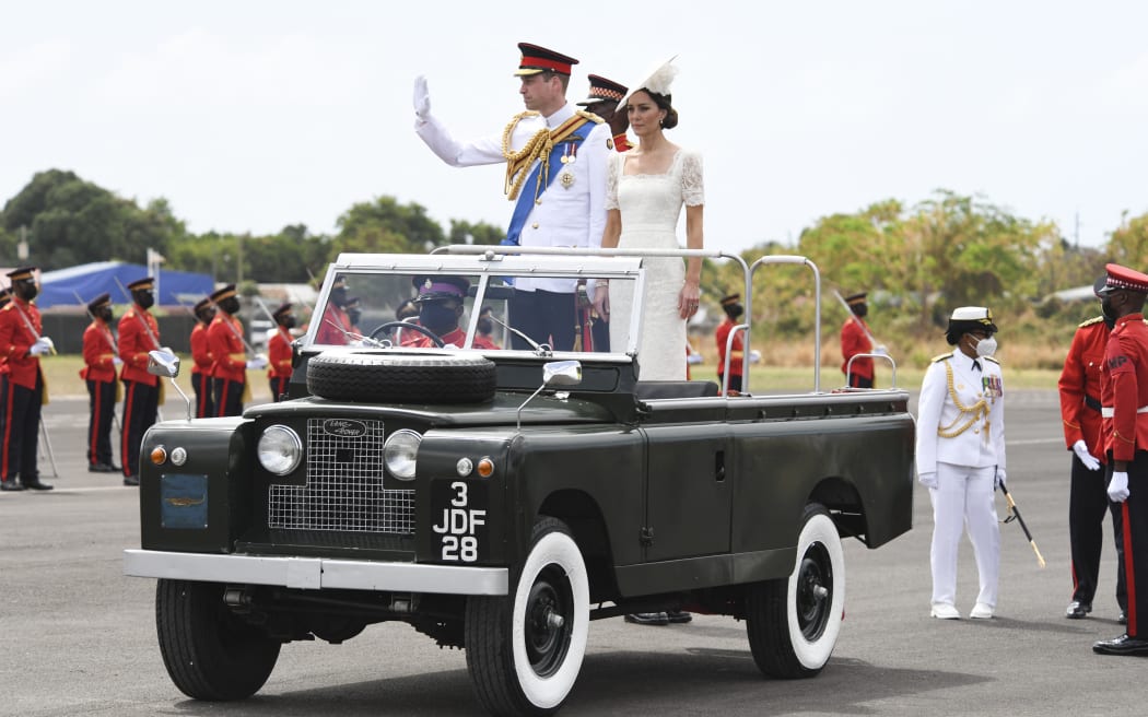 Prince William and Catherine, the Duchess of Cambridge, attend the Caribbean Military Academy commissioning parade at the Jamaica Defence Force's Up Park Camp in Kingston, Jamaica, on March 24, 2022. (Photo by Ricardo Makyn / AFP)