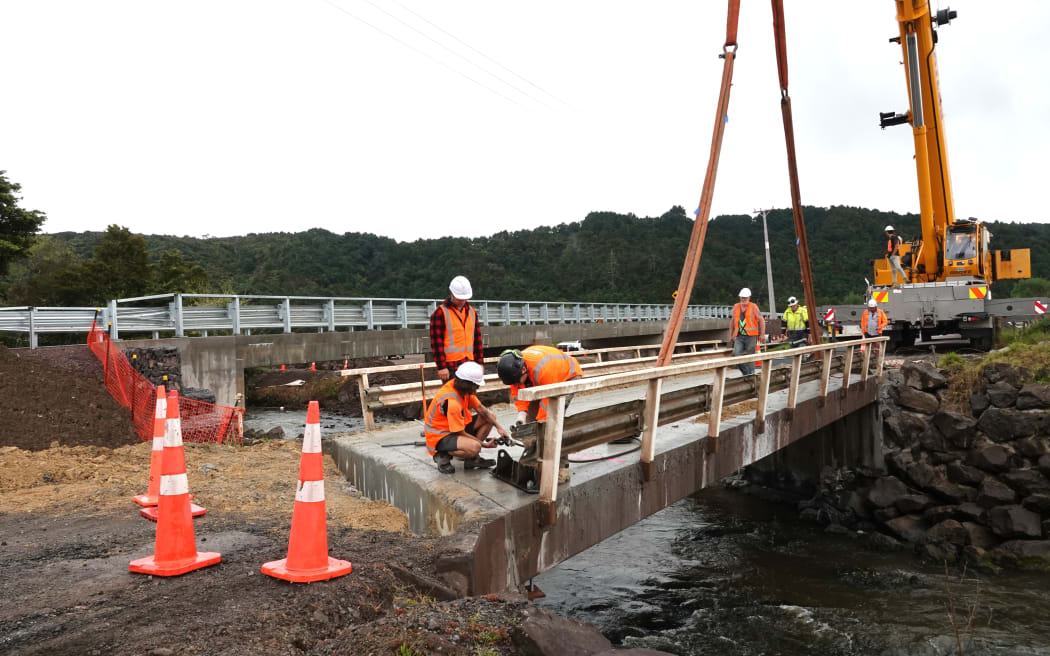 Contractors remove the old Pokapu Road bridge blamed for worsening flooding in Ōtiria and Moerewa.