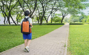 Rear view of male elementary school student walking alone to school while carrying backpack, truancy