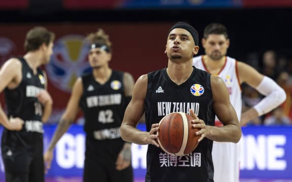 Tall Blacks point guard Tai Webster takes a penalty shot.