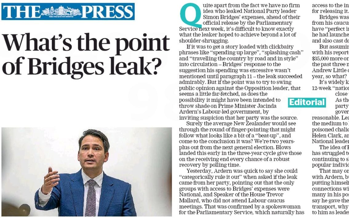 This editorial in several Stuff papers criticised Newshub's reporting of the National leader's big blll for travel.