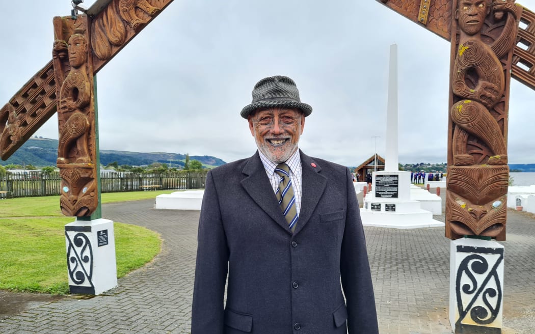 Historian Dr Harawira Pearless, at a ceremony for the first time the 28 Māori Batallion flag was raised with full battle honours, on Waitangi Day 2023, in Rotorua.