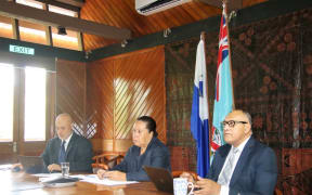 Pacific Islands Forum Secretary-General Dame Meg Taylor (centre), her deputy Drl Filimon Manoni (right) and  PIFS' Political Issues Advisor Alifeleti Soakai make a submission via virtual conference toFiji's Standing Committee on Foreign Affairs and Defence.