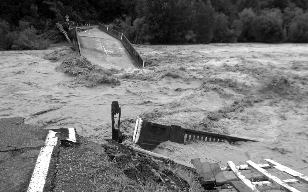 The floodwaters wiped out this bridge on Saddle Road between Manawatū and Hawke's Bay.