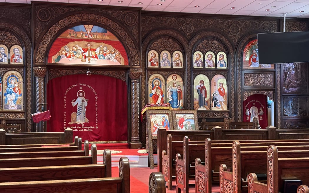 The St Mark's Coptic Orthodox Church is decorated with carvings and paintings depicting saints and biblical scenes, all handmade and imported from Egypt
