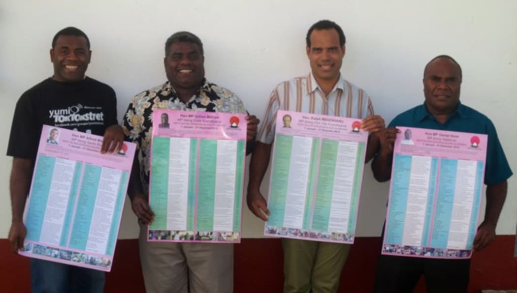 MPs in Vanuatu's Graon Mo Jastis Pati show their spending reports. From left: Alfred Maoh, Gillion Williams, Ralph Regenvanu, Daniel Nalet.