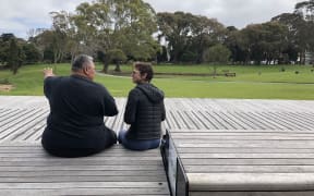 Filipaina pointing to the space at Hayman Park allocated for Te Papa Manukau