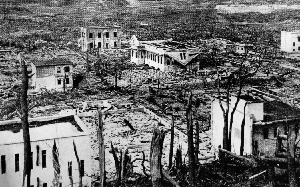 The destruction photographed after the atomic bombs were dropped on Japan in 1945, at either Nagasaki or Hiroshima.