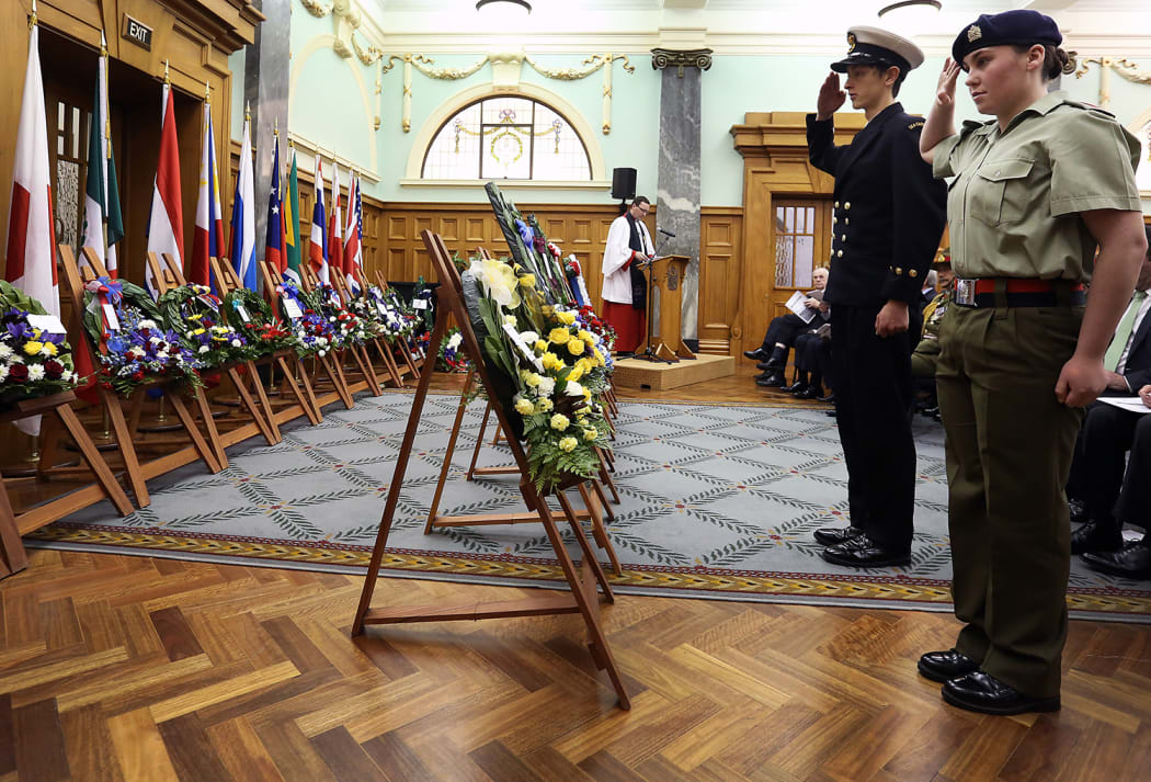 Cadet Sergeant Taylor Booth and CCPO Adam Brannigan at the 70th anniversary of the Pacific War.