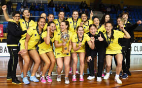 The Pulse celebrate their win in the Super Club netball competition in Nelson.