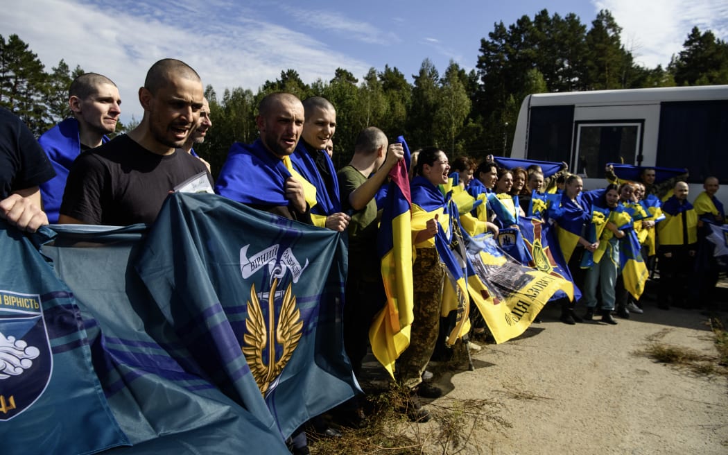 49 Ukrainian prisoners of war return home following a swap with Russia in Chernihiv Region, Ukraine, on September 13, 2024. (Photo by Maxym Marusenko/NurPhoto) (Photo by Maxym Marusenko / NurPhoto / NurPhoto via AFP)