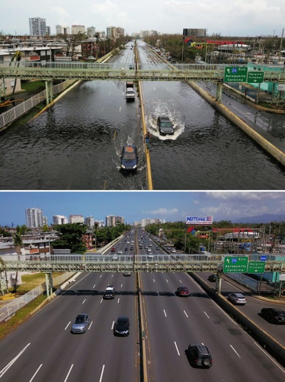 Cars driving through a flooded road in the aftermath of Hurricane Maria in Puerto Rico, on September 2017 (above) and (below) an aerial view of the Roman Baldorioty de Castro highway six months after the passing of Hurricane Maria.