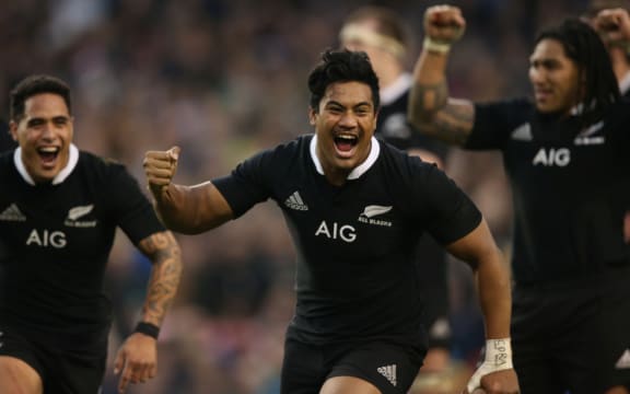 All Blacks players celebrate at final whistle after coming from 17-22 down with time up on the clock to beat Ireland in Dublin in 2013.