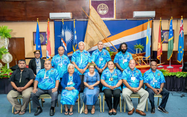 Parties to the Nauru Agreement fisheries ministers met for their annual meeting in Majuro in June. They are pictured with Marshall Islands President Hilda Heine, center, and to her right, PNA Office CEO Dr Sangaa Clark. Photo: Chewy Lin.