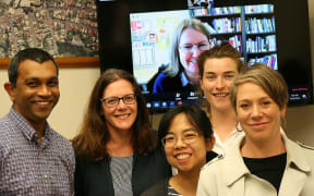 Dr. Raj Prasanna (left), Dr. Julia Becker, Marion Tan, Emily Lambie, Associate Professor Anna Brown, Dr. Kristin Stock (on screen).