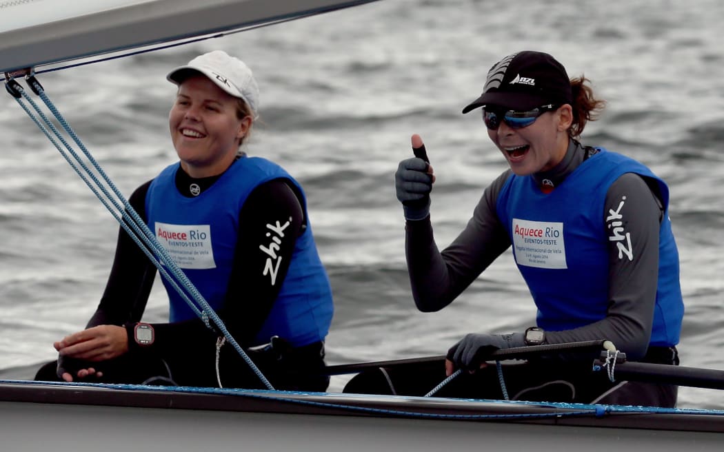 Polly Powrie, left, and Jo Aleh after winning the Rio Test Event, August, 2014.