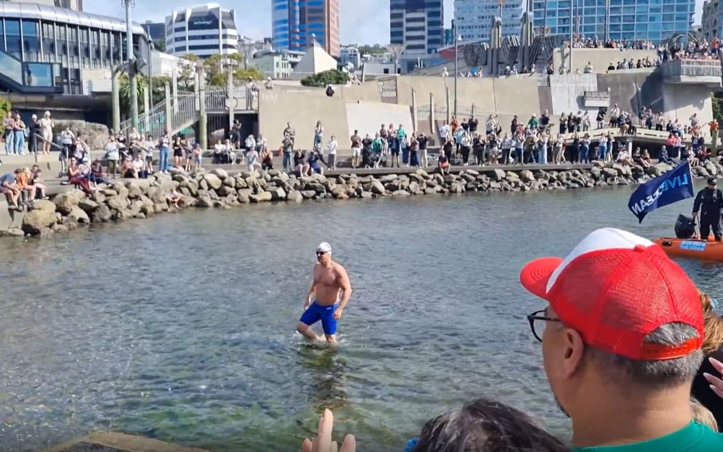 Ultra-marathon swimmer Jono Ridler, arriving in Wellington on 4 April, 2026, after swimming almost 1400km on the east coast of the North Island from North Cape to campaign against bottom-trawling fishing.