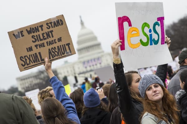 Protesters attend the Women's March to protest President Donald Trump in Washington, USA on January 21, 2017.