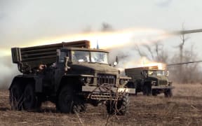 Image grab from file footage of Ukrainian army battling Russian-backed forces in Donbas (Donbass) war zone in eastern Ukraine. Russia launches military operation in Donbass region and invades multiple Ukrainian cities on Thursday Feb 24, 2022.