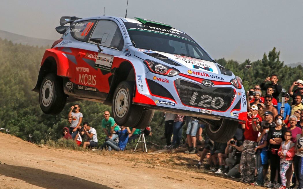 Hayden Paddon gets airborne during day two of the Rally Italy, 2015.