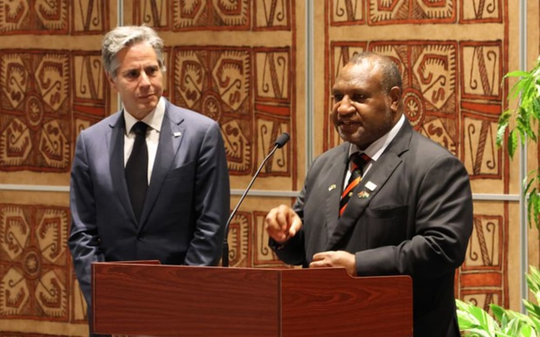Papua New Guinea Prime Minister James Marape (right) speaks as U.S. Secretary of State Antony Blinken looks on at a press conference in Port Moresby, Papua New Guinea on May 22, 2023.