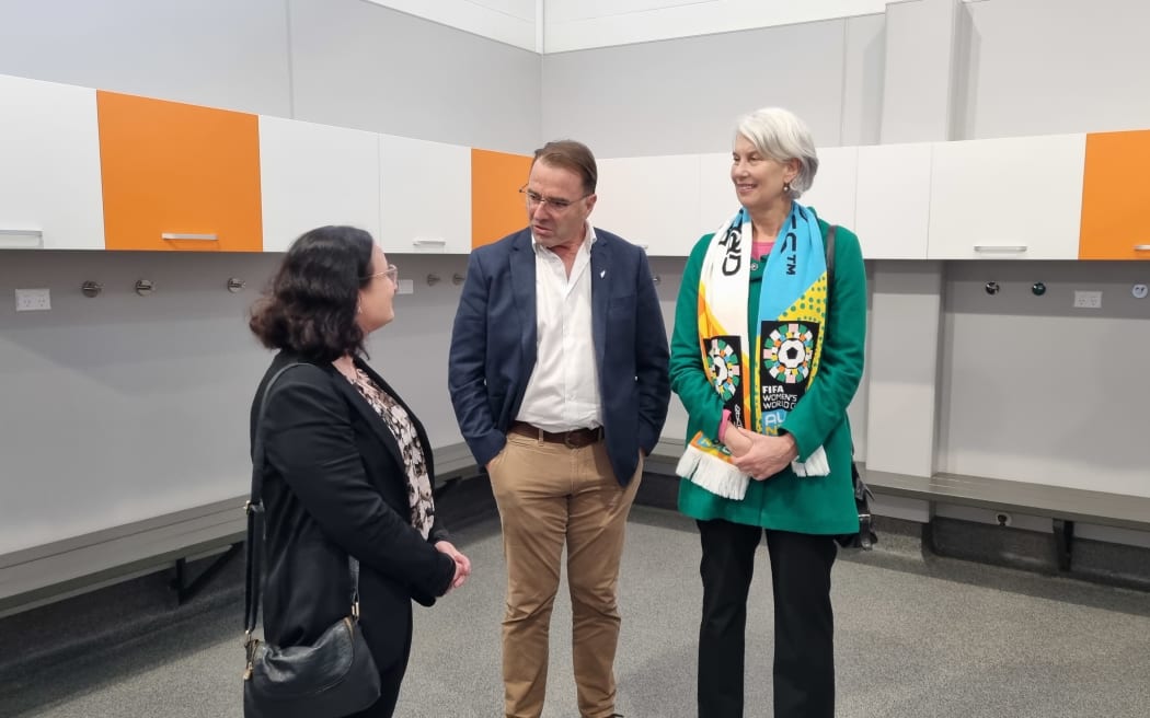 From left, Waikato Bay of Plenty Football Federation legacy manager Dr Alida Shanks, former All Black and Sport Waikato chief executive Matthew Cooper, and Hamilton Mayor Paula Southgate at Porritt Stadium which has received upgrades ahead of hosting five first-round matches.