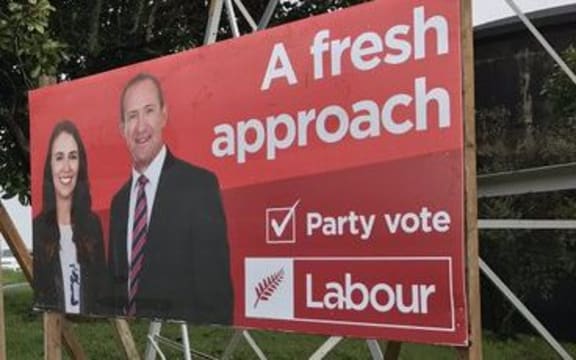 Labour billboard in 2017 - a fresh approach featuring Jacinda Ardern and Andrew Little.