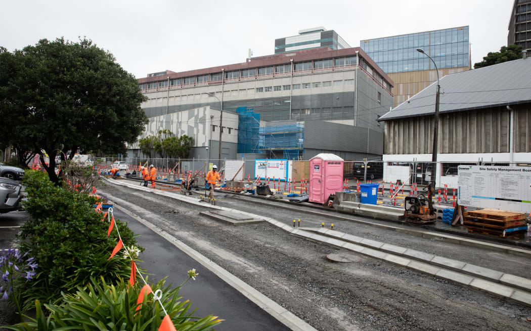 Thorndon Quay cycle way road works, pictured on 21 July, 2024.