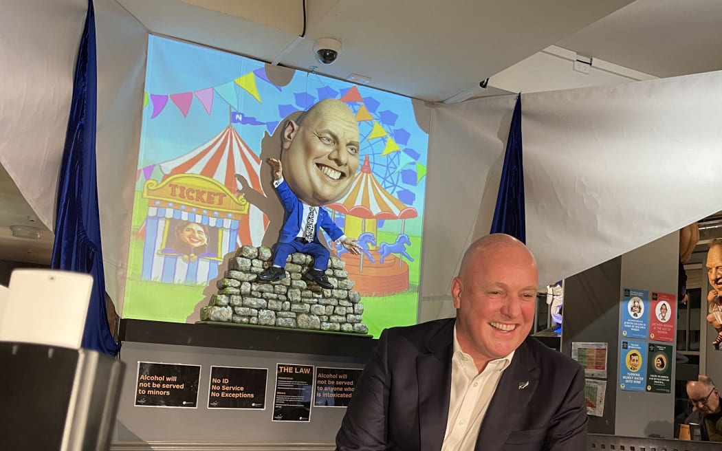 National Party leader Christopher Luxon with his new puppet at Backbencher Gastropub in Wellington.