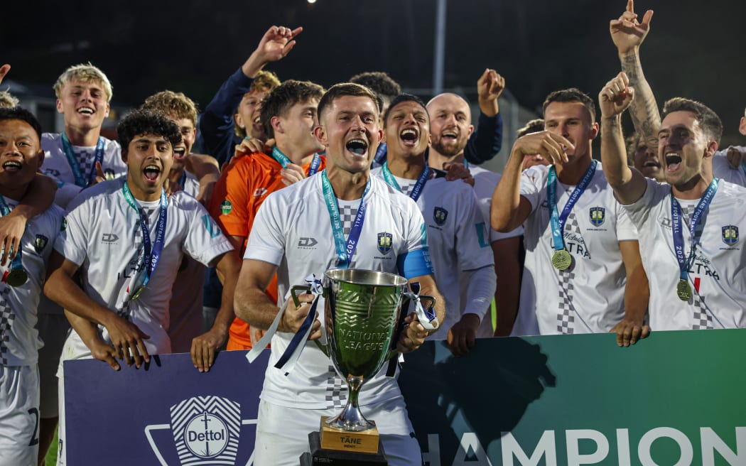 Auckland City celebrate winning the National League Championship Men’s Final.