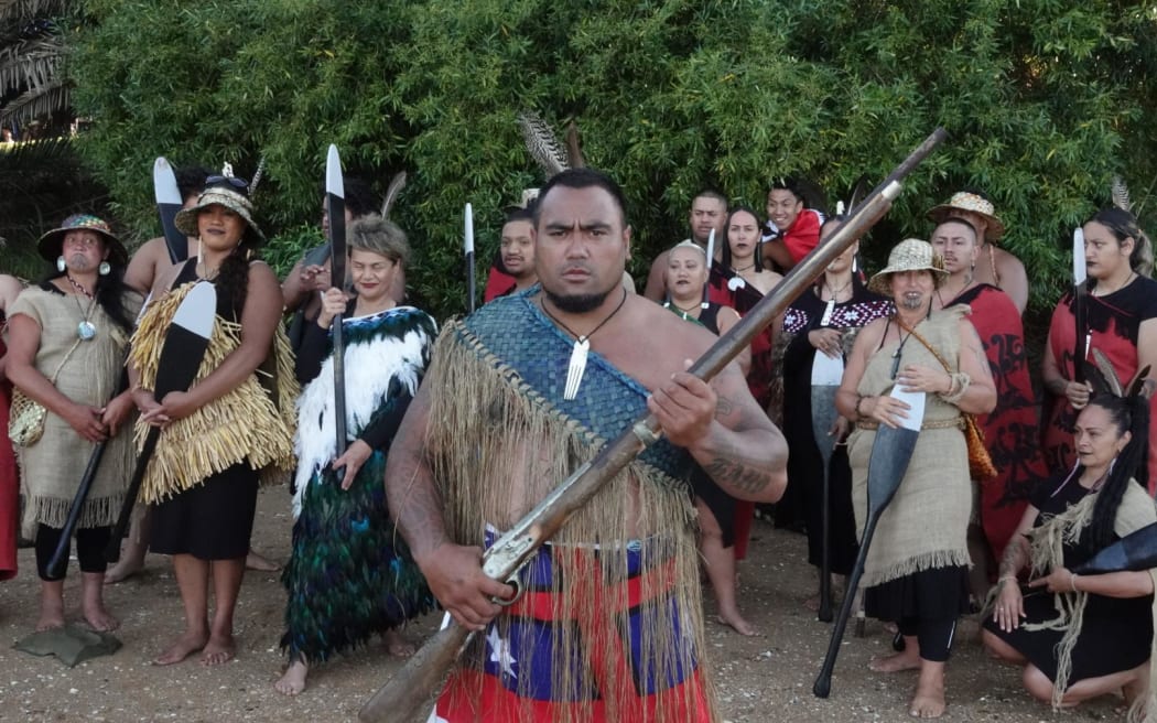 Te Aati Mokoraka, kaihautu (captain) of the waka Mahanga, and his crew. The waka is used by Taiamai Tours and the Kaikohe-based Whakaoranga Recovery Hub.