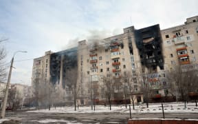 An apartment building in Sievierodonetsk shelled by Russian troops, 14 March 2022.