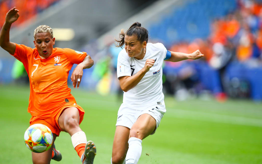 Football Ferns captain Ali Riley in action against the Netherlands during the 2019 World Cup.