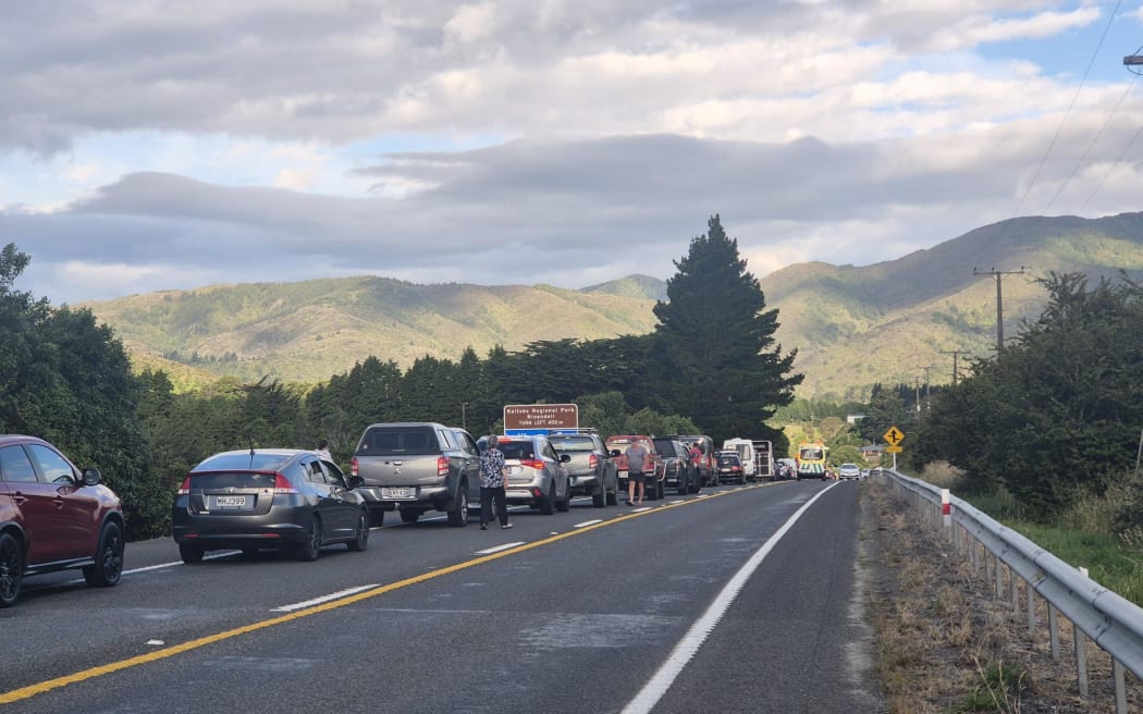 Traffic backed up at the scene of an accident at the intersection of SH2 and Waterworks Road in Kaitoke.