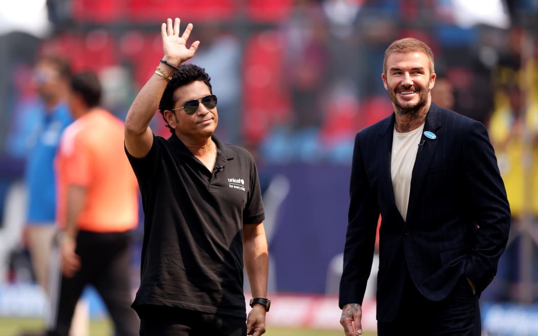 Sachin Tendulkar and David Beckham look on prior to the ICC Men's Cricket World Cup India 2023 Semi Final match between India and New Zealand at Wankhede Stadium.