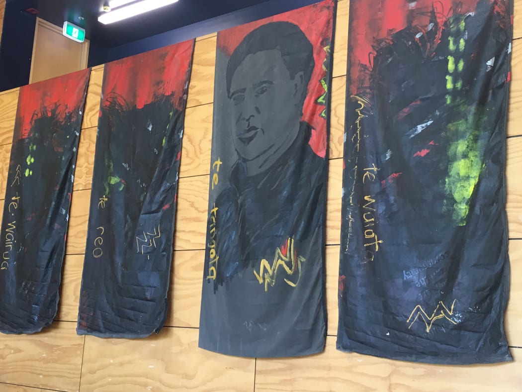 An artwork of the late Dr Hirini Melbourne at Whare Tapere Iti, Waikato University.