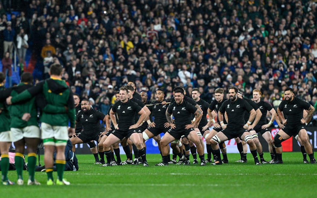 The All Blacks perform the haka before the Rugby World Cup final against South Africa at Stade de France.
