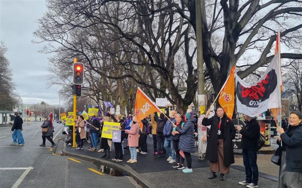 Nurses and supporters protest in Dunedin, 30 July 2025.