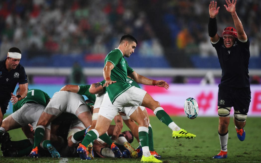 Ireland's scrum-half Conor Murray kicks the ball during the Japan 2019 Rugby World Cup Pool A match between Ireland and Scotland.