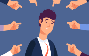 Bullying at work concept. Adult man get harassment by angry coworkers. Accus at office vector illustration. Victim person worker, stress on job, failure and unhappy