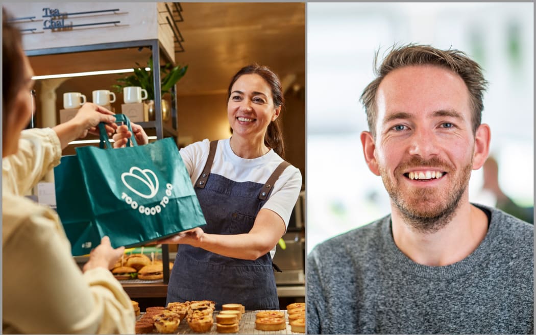 Image of a 'surprise bag' being handed to a customer. Right: Country director Joost Rietveld