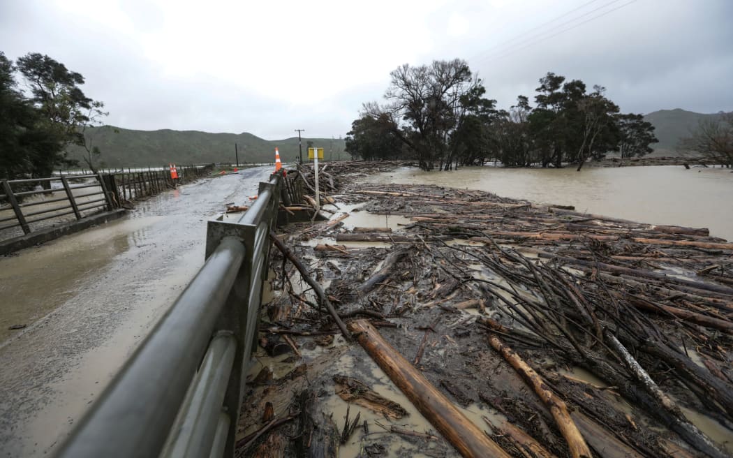 Tolaga Bay, heavy rain forced piles of wood onto farmland.