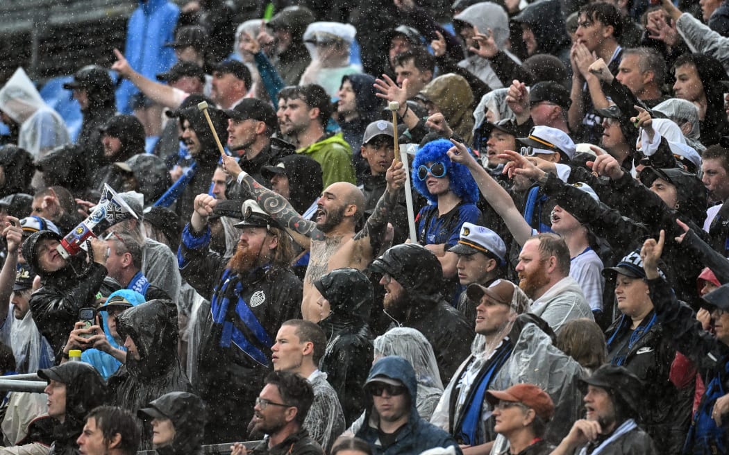 Auckland FC fans and supporters show support in the rain during the A-League men's match against the Newcastle Jets at Mount Smart Stadium, , Auckland FC v Newcastle Jets FC, round 6 A-League football match at Go Media Stadium, Auckland, New Zealand on Sunday 30 November 2025.
© Photo: Andrew Cornaga / Photosport