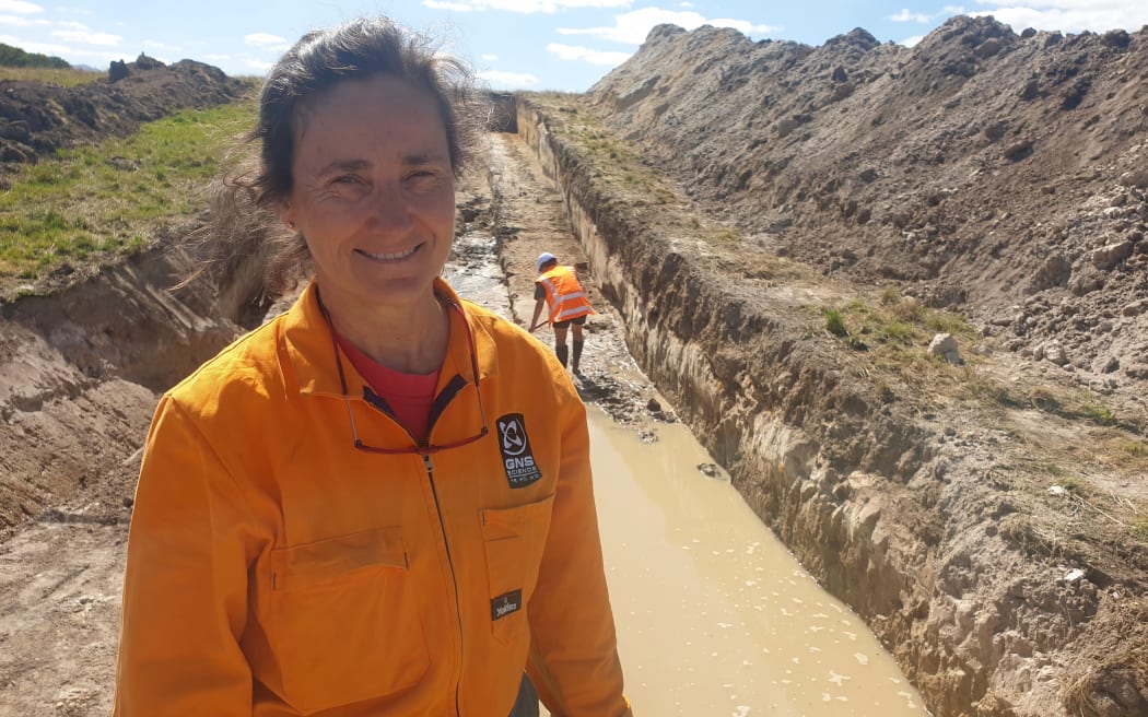 Earthquake geologist Dr Pilar Villamor at an excavation site on a farm in Tatuanui near Morrinsville in the Waikato.